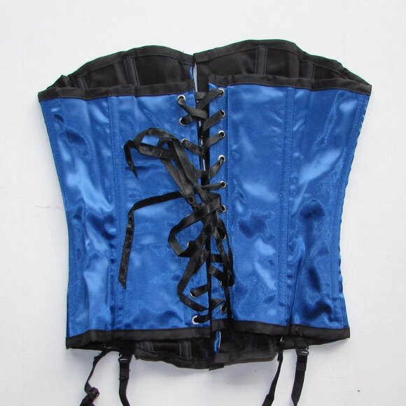 Royal Blue Black Lace Steel Boned Corset Set - NEW - Picture 7 of 13